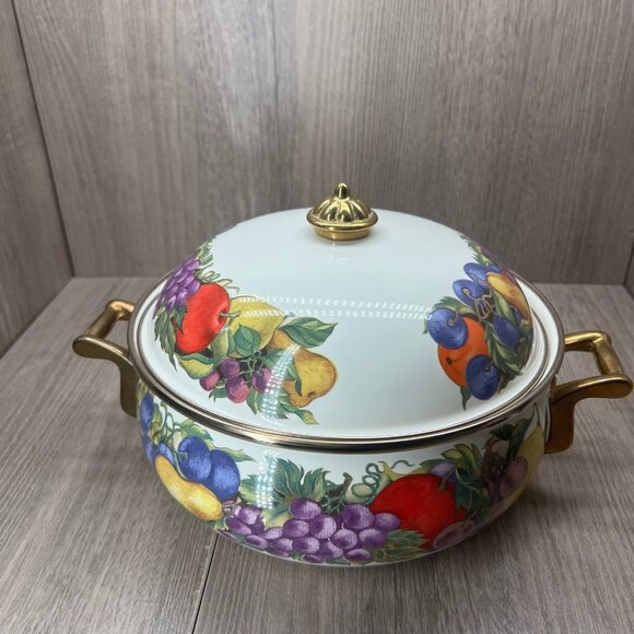 Cornucopia Enamel On Steel 3 Quart Covered Casserole Fruit Pattern Brass Handle - Picture 4 of 13
